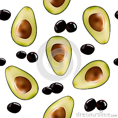 Background with halves of avocado and olives. Vector Illustration