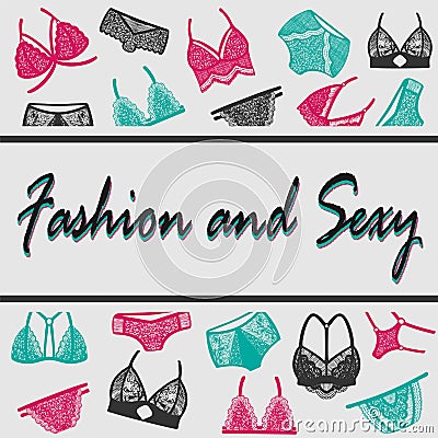 Background with hand-drawn women`s lace underwear Vector Illustration