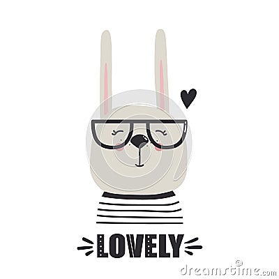 Background with happy rabbit, heart and text. Lovely Vector Illustration