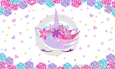 Background with the head of a magical unicorn with closed eyes Vector Illustration