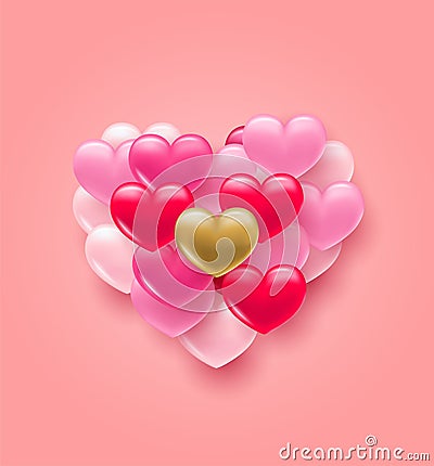 Background with heart. Delicate bright with 3D volumetric hearts. Vector Illustration
