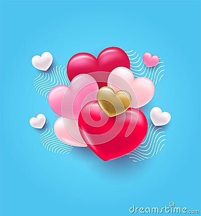 Background with heart. Delicate bright with 3D volumetric hearts. Vector Illustration