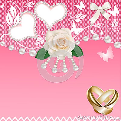 Background with heart rose wedding rings and pearl Vector Illustration