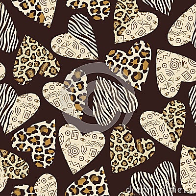 Background with hearts with animal skin pattern. Vector Illustration