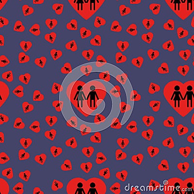 Background - hearts and silhouettes of a figure of the man and woman Vector Illustration