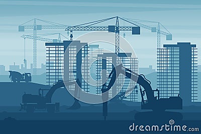 Background of heavy machinery such as hammer excavator, wheel excavator, concrete trucks, telescopic crane, working on the Vector Illustration