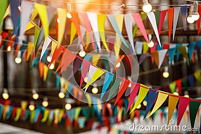 Background from holiday flags. Many colored flags and lanterns Stock Photo