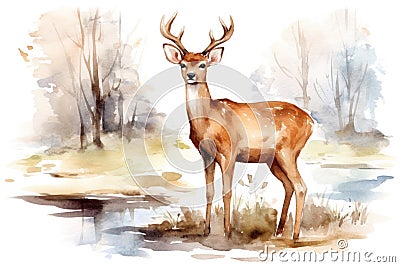 Background illustration brown animal deer drawing watercolor nature wildlife wild art mammal isolated Stock Photo