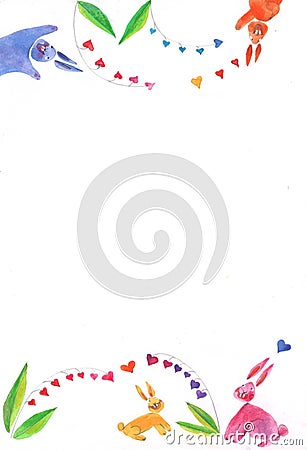 Background illustration with colorful rabbits and flowers in the top and bottom Cartoon Illustration