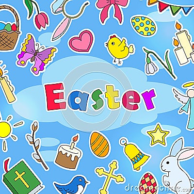 The background Illustration on the Easter theme, simple colored stickers icons on a blue background and the words `Easter` Vector Illustration