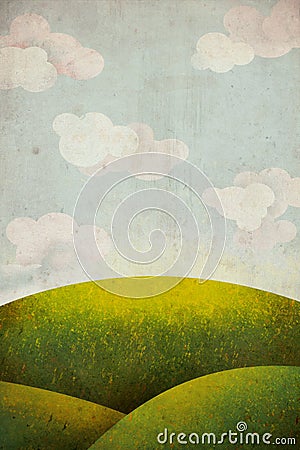 Green grass meadow with sky and clouds Cartoon Illustration