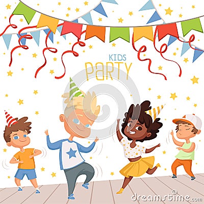 Background illustrations at childrens dance party. Template of poster for kids invitation Vector Illustration