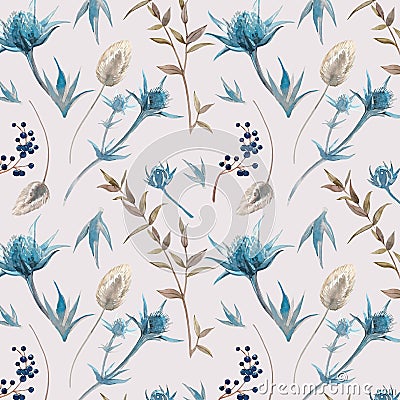 Background with illustrations of dried flowers. Pattern of eryngium, eucalyptus, lagurus and viburnum. Cartoon Illustration