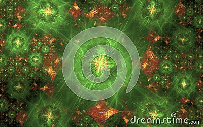 Background image cosmic fractal pattern of green and orange in the form of nebulae and stars Stock Photo