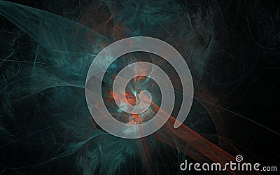 Background image for decorating the desktop in the form of abstract green smoke forming fanciful shapes with a red ray on a black Stock Photo