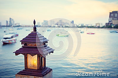 Background image lamp with sea and sunset Stock Photo