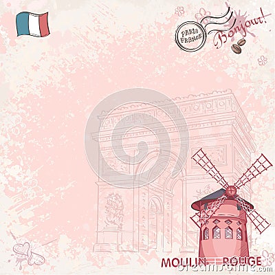 Background image on paris depicting the Moulin Rouge Vector Illustration