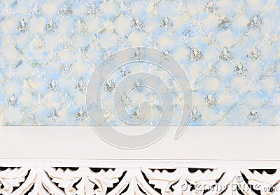 Background Image of white vintage table in front of decorative oriental wall. ready for product display Stock Photo