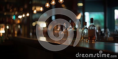 background Image of wooden table in front of abstract blurred restaurant lights Stock Photo