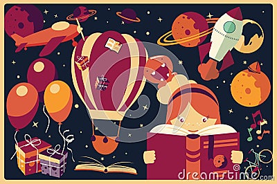 Background with imagination items and a girl reading a book Vector Illustration
