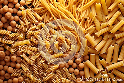 raw pasta spaghetti uncooked macaroni background group food ingredient italian healthy. Generative AI. Stock Photo