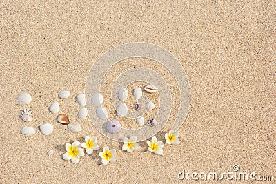 Background inscription love seashells on the sand with flowers plumeria frangipani. Stock Photo