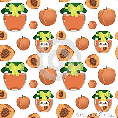 Background jam made of peaches, jars, jams, sunsets. Used in textile illustration, kitchen illustration, gift wrapping Vector Illustration