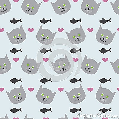 Background with kitten, fish and hearts Vector Illustration