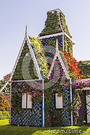 Background landscape beautiful house of flowers Miracle Garden, Dubai Editorial Stock Photo