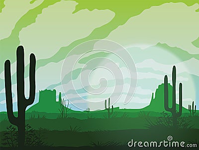 Background of landscape with desert and cactus. Vector Illustration