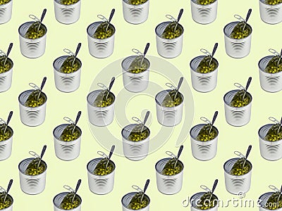 Background of a large number of open cans with green peas. Stock Photo