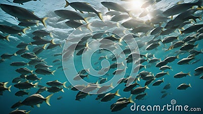 background A large school of fish swims in circles in the ocean, with some sunlight streaming through the water. Stock Photo