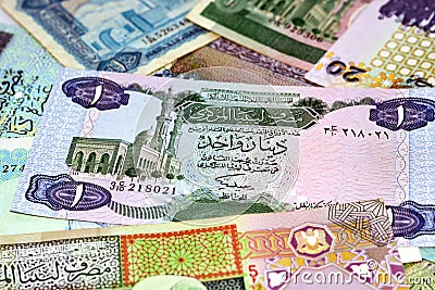 Background of Libyan money dinars banknotes, Old Libyan money banknotes, Libyan Dinar is the currency of Libya Stock Photo