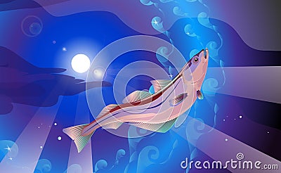 Background the lilac and blue tones. Pollock fish in sea, vector illustration of Atlantic or Alaska Vector Illustration