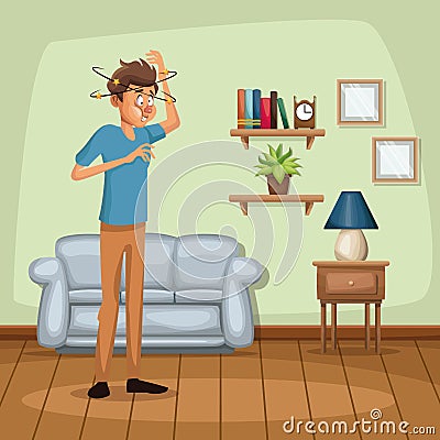 Background living room home with dizziness and vomiting sickness people Vector Illustration