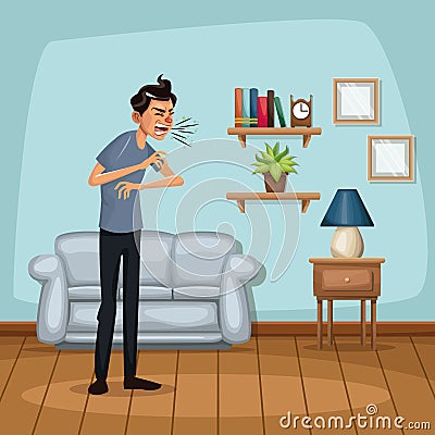 Background living room home with sneeze sickness people Vector Illustration