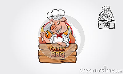 Porky BBQ Logo Cartoon Character. Vector Illustration