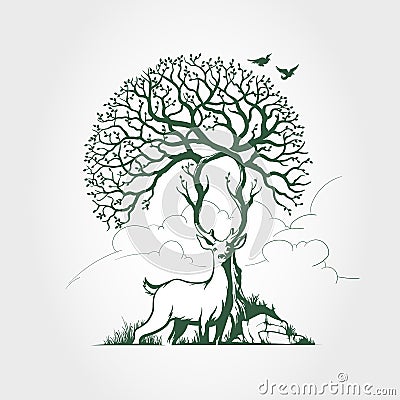 Fantasy Deer Tree. Vector Illustration