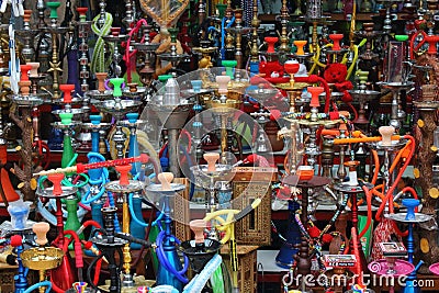 Background from a lot of hookahs in the middle east market place. Stock Photo