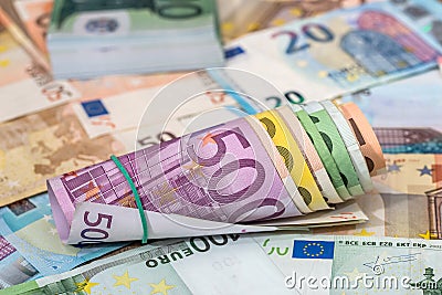 lots mixed euro bills. Stock Photo