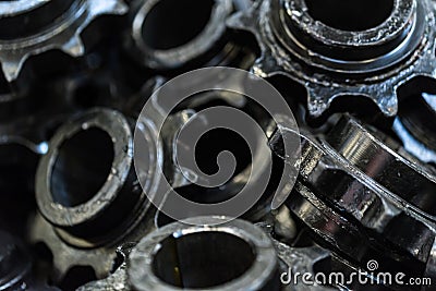 Background made of black spur gears or cogwheels Stock Photo