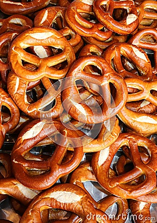 Background many baked pretzels for sale in market Stock Photo