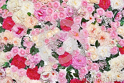 Background many flowers, floral decoration wall. Gentle pastel photo Stock Photo