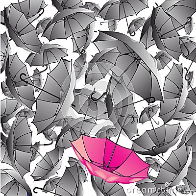Background from many grey umbrellas and one pink umbrella Vector Illustration