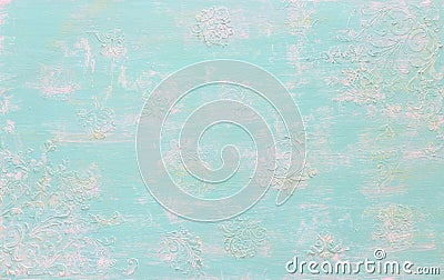 background of mint wooden vintage wall with floral emboss details Stock Photo