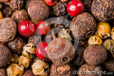 Background of a mixture of allspice for cooking different dishes, a very close-up view from above, photo stylized as an oil Stock Photo