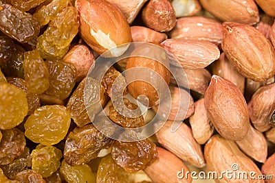 Background of mixture of nuts and raisins Stock Photo