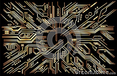 Background of modern interconnected circuit board digital technology pattern chimp component gold in black Stock Photo