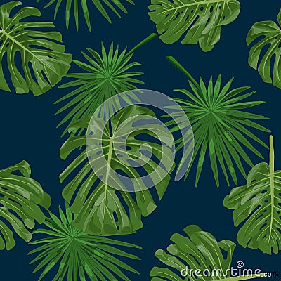 Background with monstera and palm leaves on navy blue Stock Photo