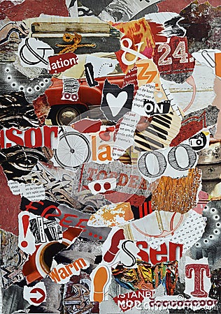 Background Mood board collage made of teared magazines in red,orange and black colors Stock Photo